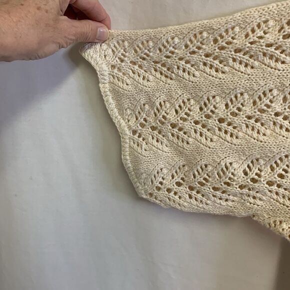 Vintage 80s Gina Peters Ivory Open Leaf Crochet Short Sleeve Tunic Sweater Sz L - Picture 11 of 12